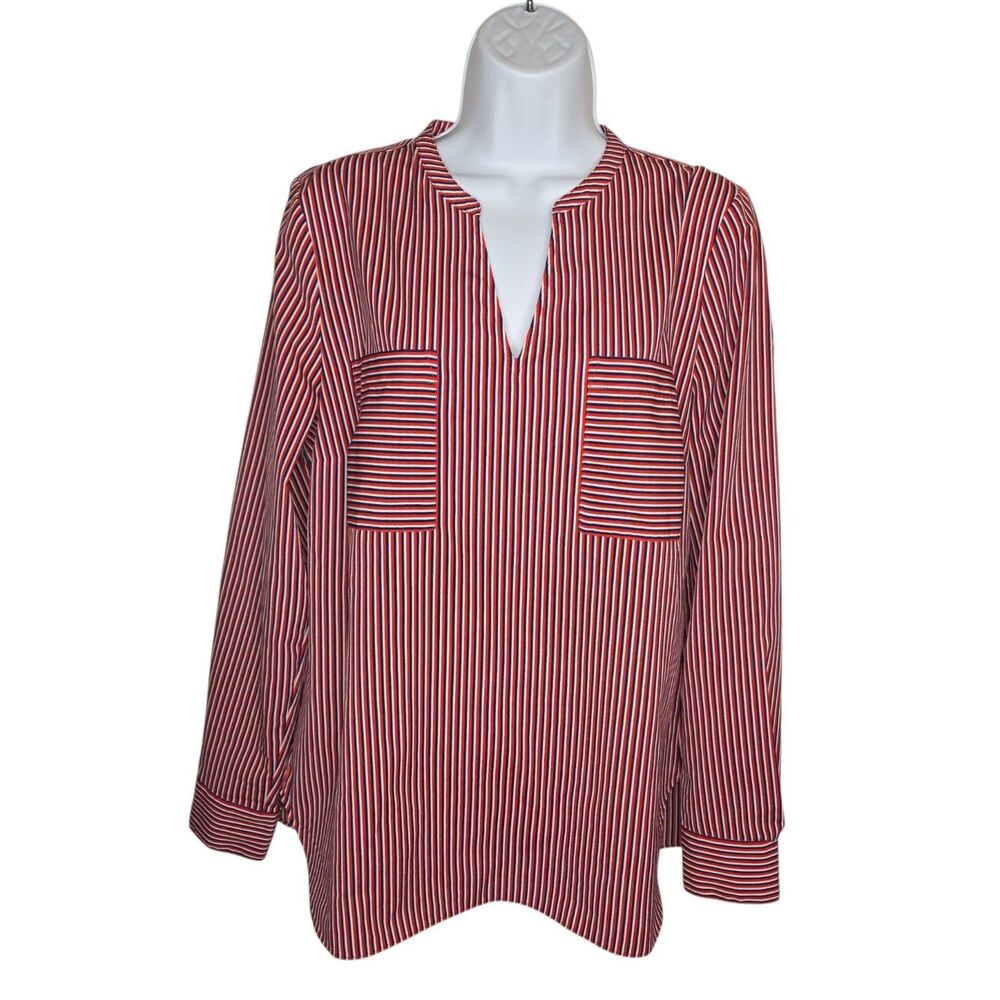 Cabi Franklin Blouse Red White Blue Stripe V Neck Pocket Blouse Top Women's M